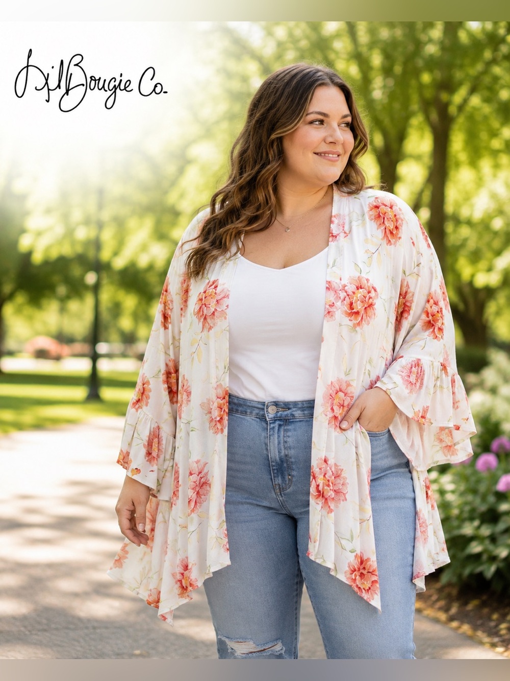 Torri Floral Open-Front Kimono Jacket Boho Bell Sleeves - Plus Size 3/4